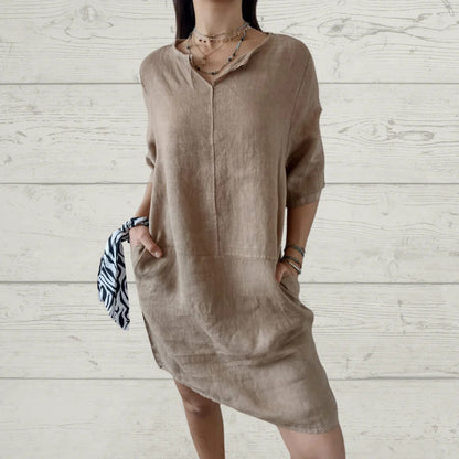 Damen Leinenkleid Sommerleicht mit Knöpfen und Taschen