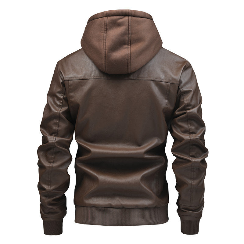 Lederjacke Herren mit abnehmbarer Kapuze Schwarz Ledermantel