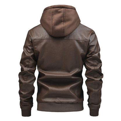 Lederjacke Herren mit abnehmbarer Kapuze Schwarz Ledermantel