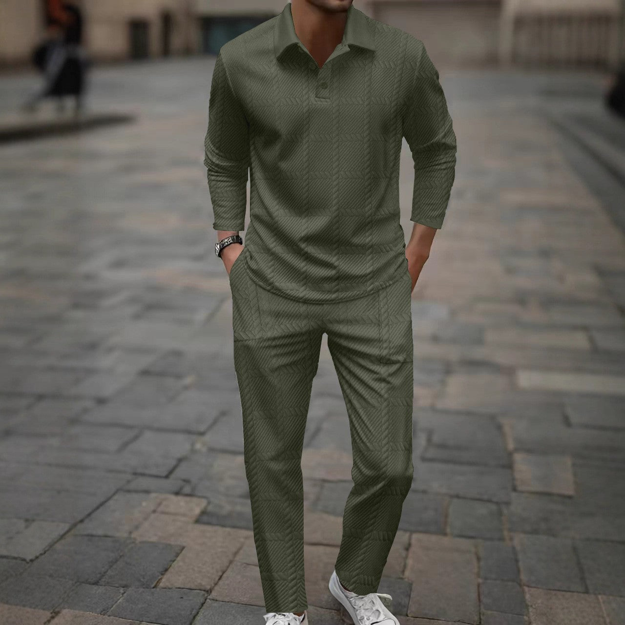 Herren Poloshirt Langarm Slim Fit Hose Set Modern