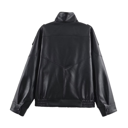 Lederjacke Damen Modern mit Kragen und Taschen Schwarz