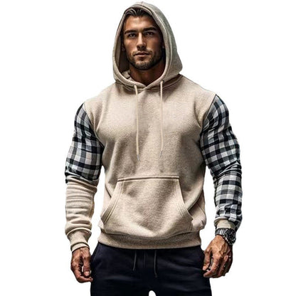 Herren Hoodie Kariert Mit Kängurutasche Grau
