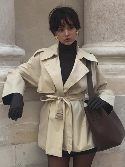 Damen Trenchcoat Kurzjacke Modern mit Taillengürtel und Taschen