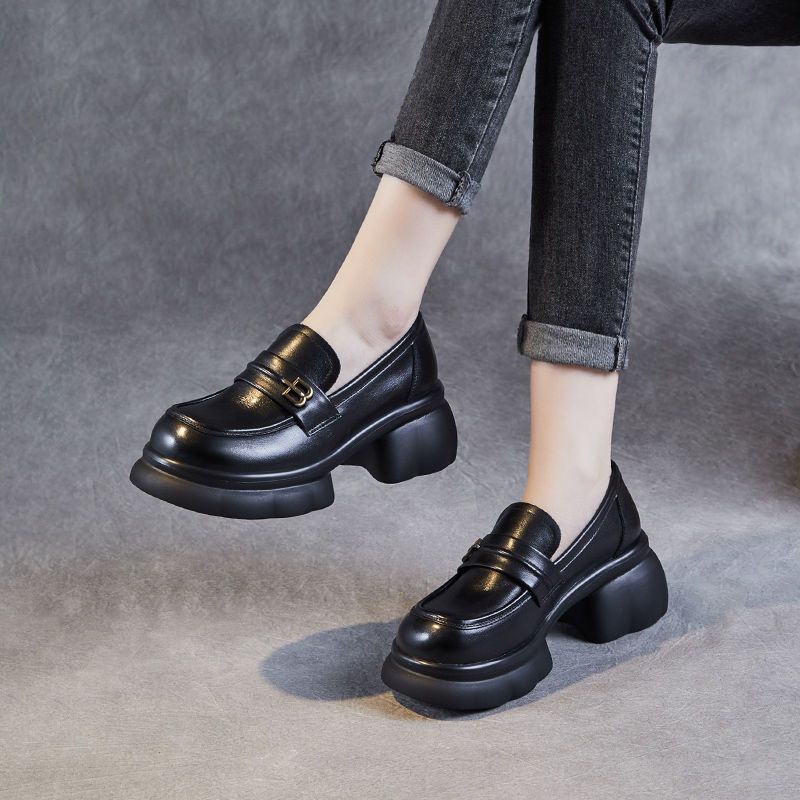 Damen Loafer Schuhe Plateau Schnalle Elegent Schwarz