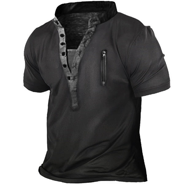 Herren T-Shirt Kurzarm Stehkragen Reißverschluss Tasche Modern