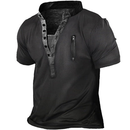 Herren T-Shirt Kurzarm Stehkragen Reißverschluss Tasche Modern