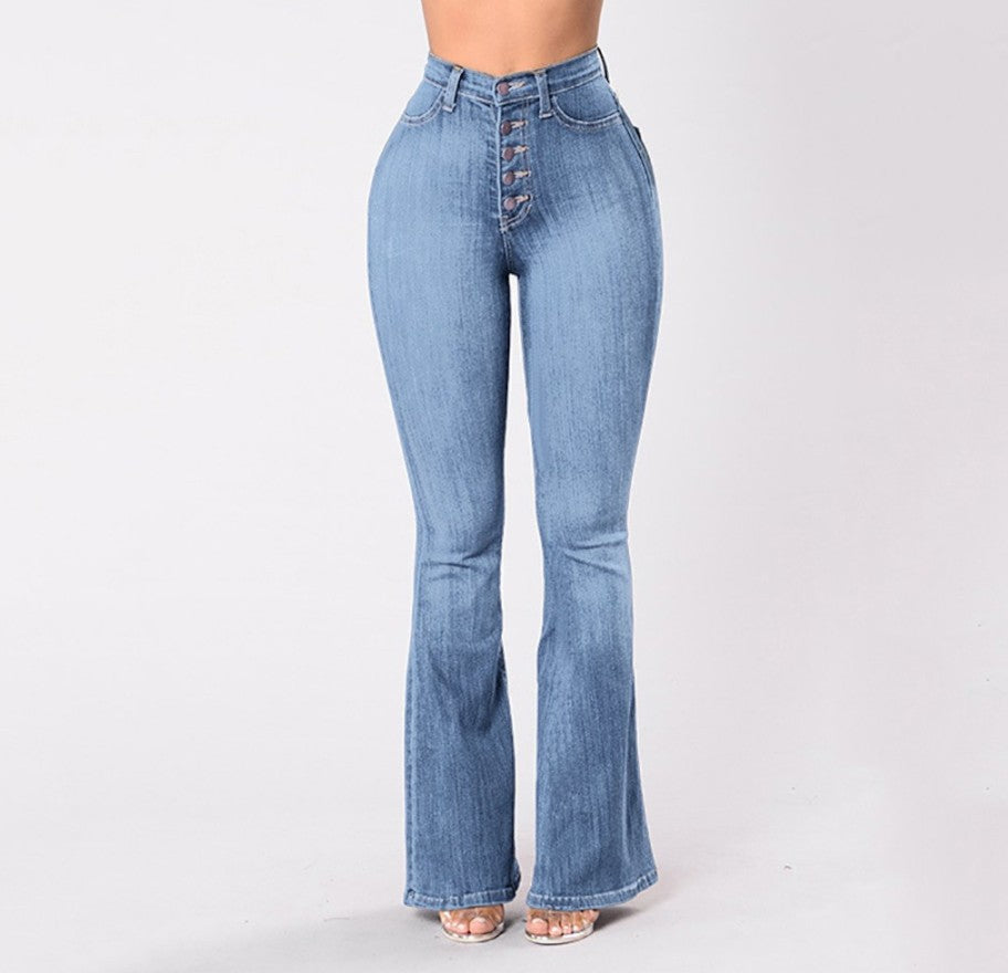 Damen Jeans Bootcut Hochbund mit Knöpfen Modern