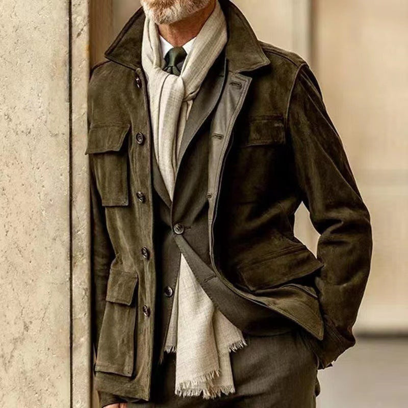Herren Lederjacke Suede Style Vieltaschig Modern