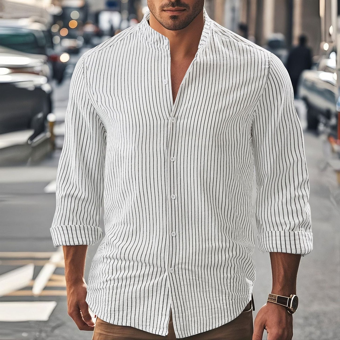 Herren Langarmhemd Stehkragen Fein Gestrickt Elegant