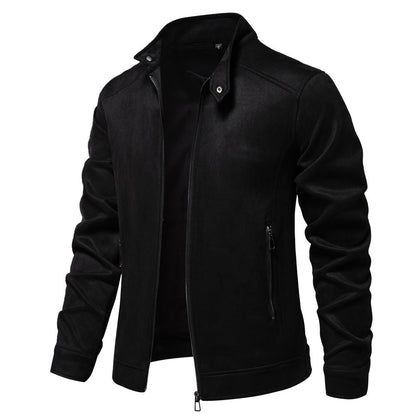 Herren Lederjacke Modern Stehkragen Mit Taschen Schwarz