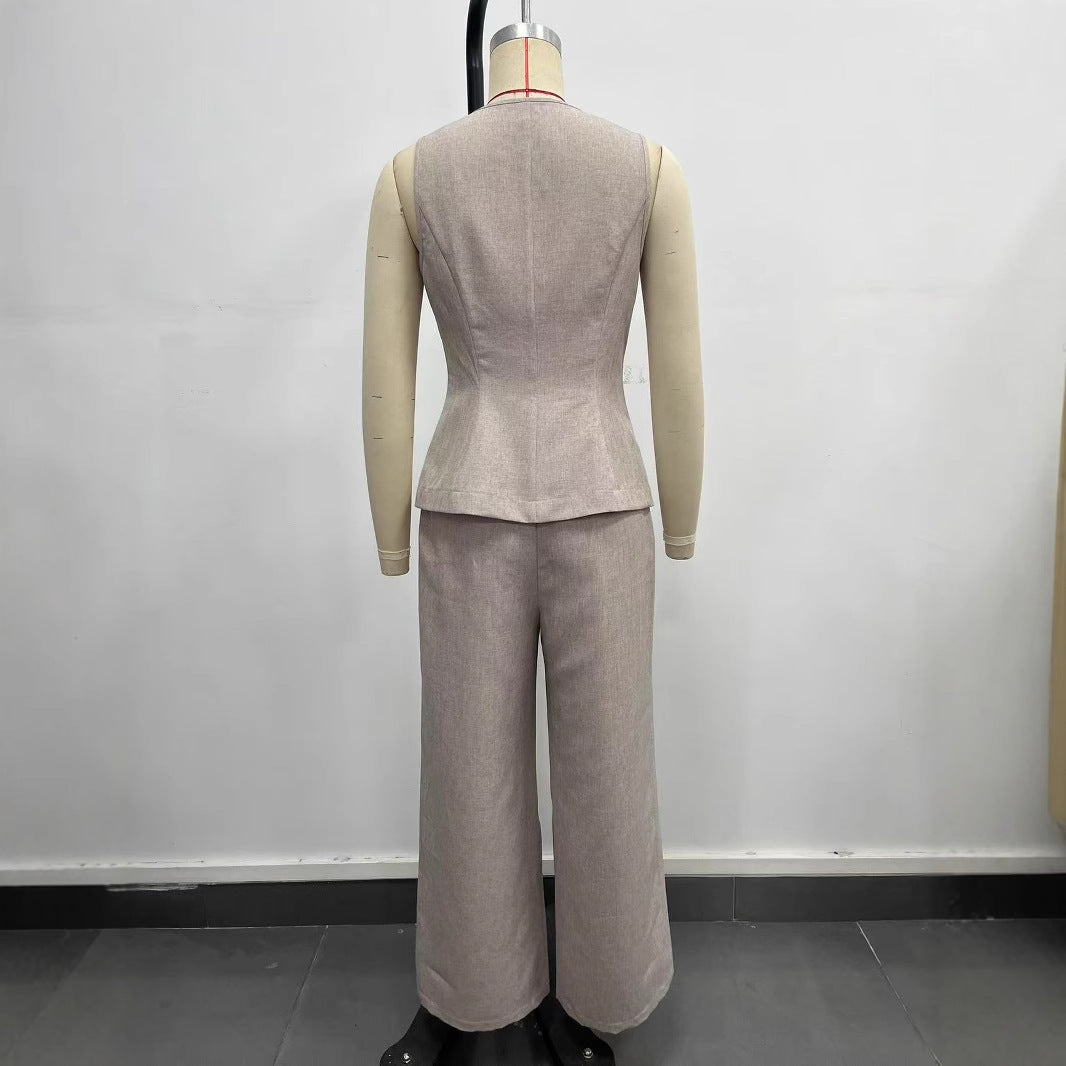 Damen Business Ensemble Blazer Ärmellos mit Weite Hosen