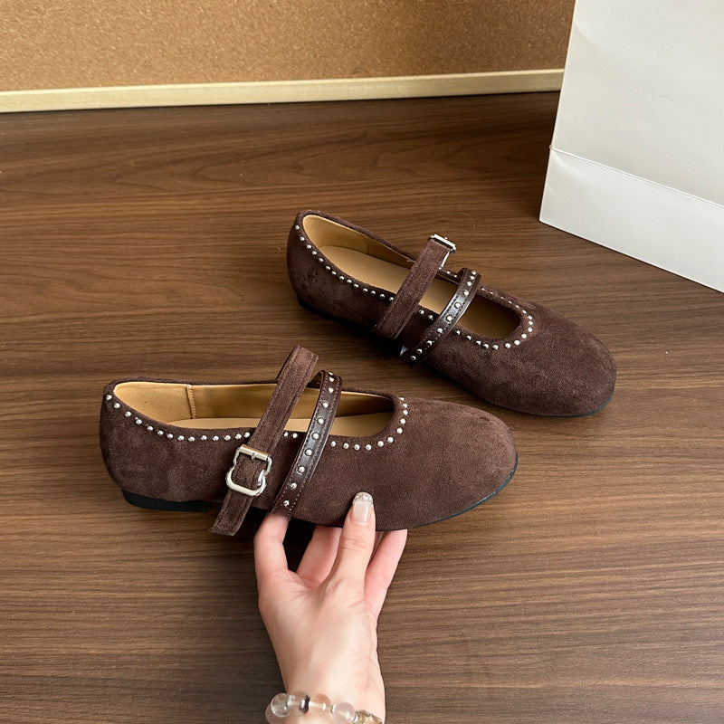 Elegante Damen Ballerinas Weich Wildleder Schnalle