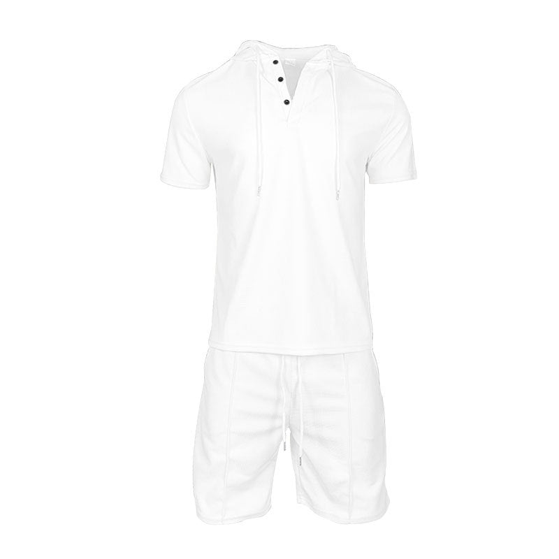 Herren Sport-Outfit Kurzarm Henley mit Kapuze und Shorts