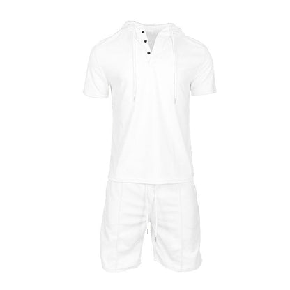 Herren Sport-Outfit Kurzarm Henley mit Kapuze und Shorts