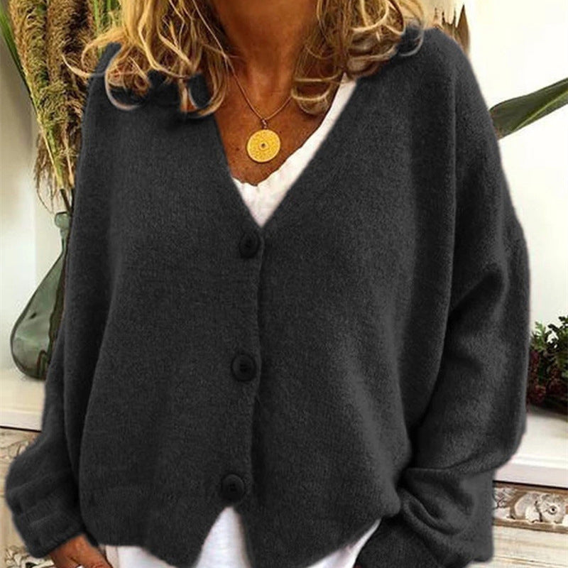 Damen Strickcardigan Lässig V-Ausschnitt Große Knöpfe