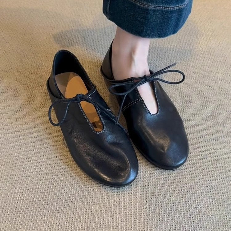 Damen Ballerinas Leder Bequem Schnüren
