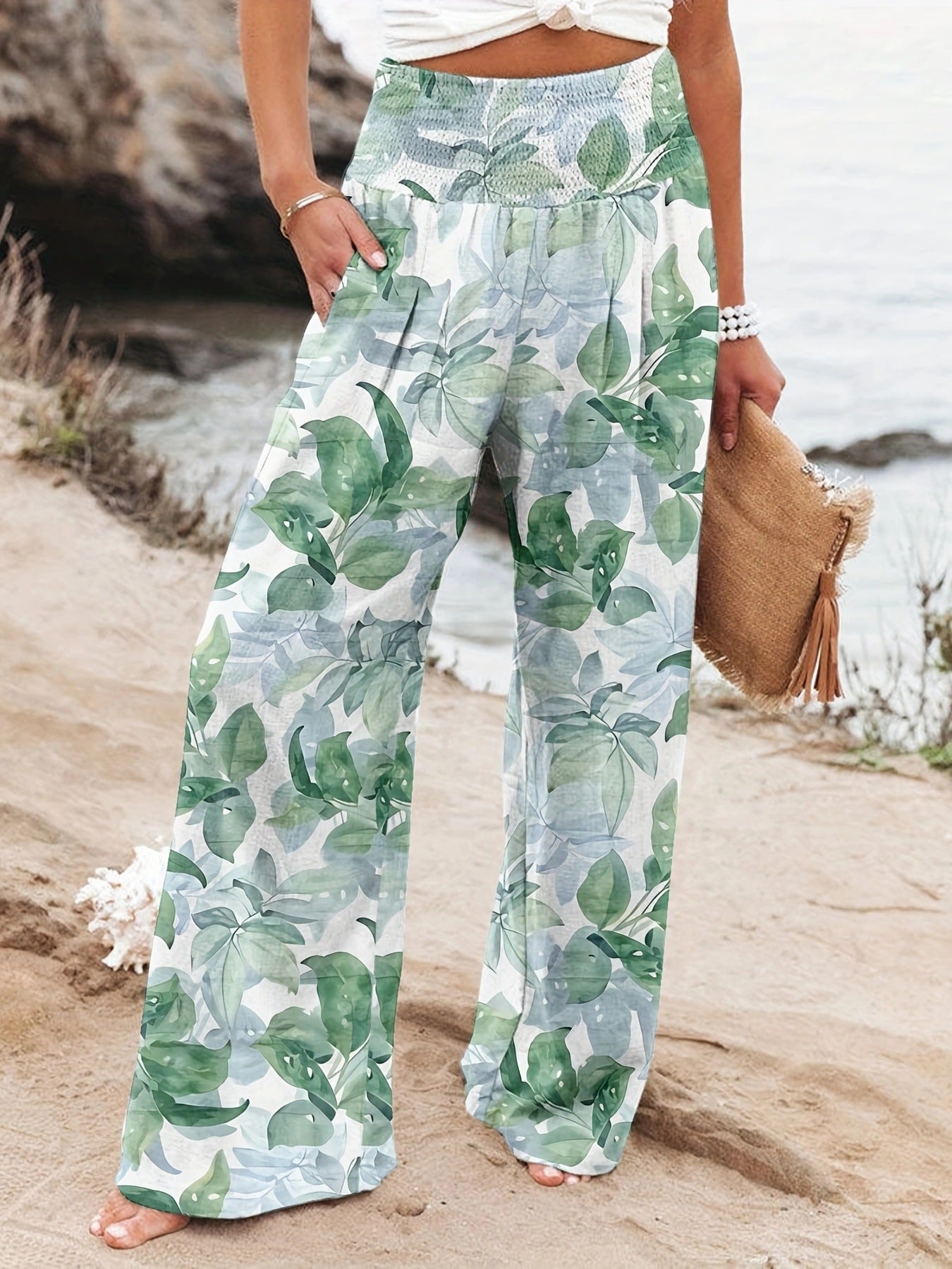 Damen Strandhose Weit Bequem Elastisch Floral