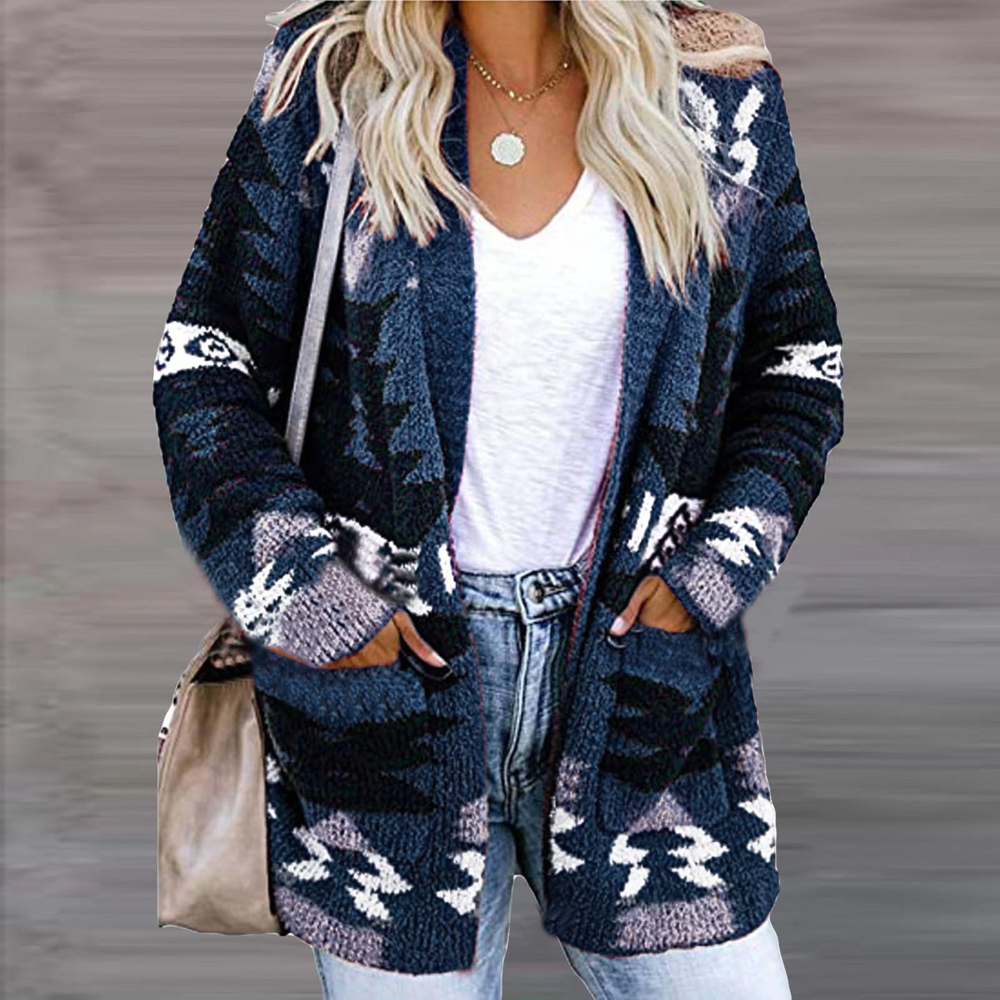 Damen Strickjacke Ethno-Stil Lässig Mit Taschen