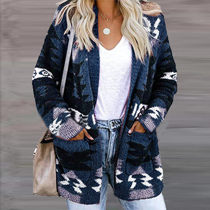 Damen Strickjacke Ethno-Stil Lässig Mit Taschen
