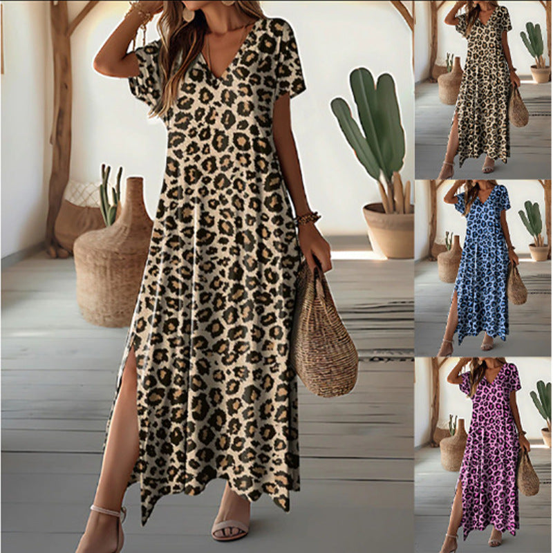 Damen Maxikleid Leopardenmuster V-Ausschnitt Schlicht - BerlinGlamour