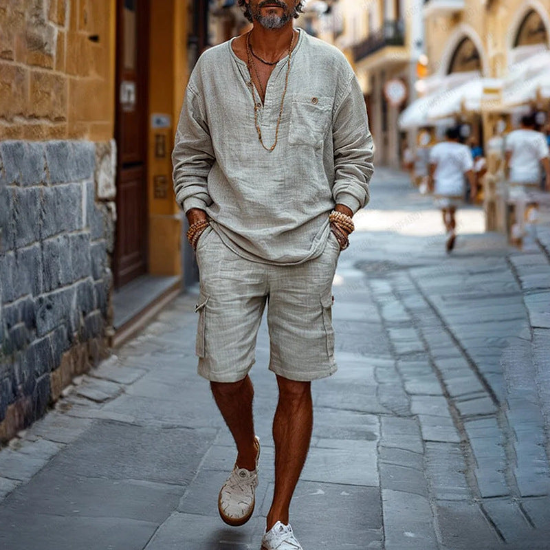 Herren Leinen-Outfit Langarm Bluse Cargo Shorts Sommer - BerlinGlamour