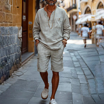 Herren Leinen-Outfit Langarm Bluse Cargo Shorts Sommer - BerlinGlamour