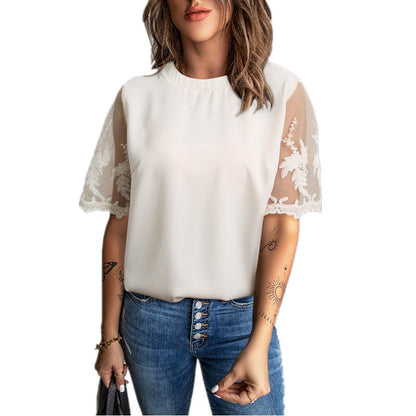 Damen T-Shirt Spitze Ärmel Elegantes Oberteil Modern