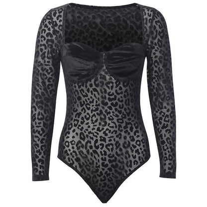 Damen Bodysuit Leopardenmuster Durchsichtig Elegant