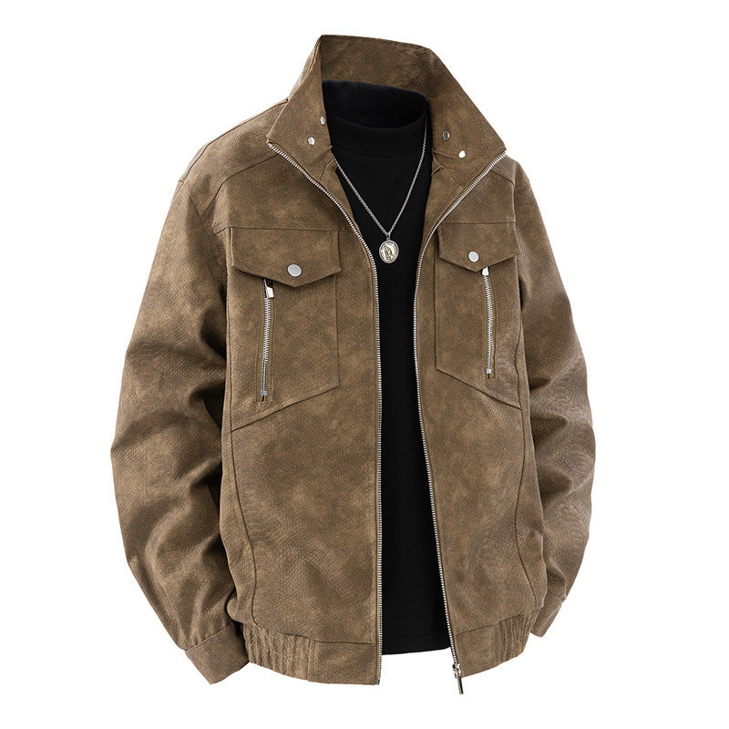 Herren Lederjacke Klassisch Wildleder Schwarz Mit Taschen