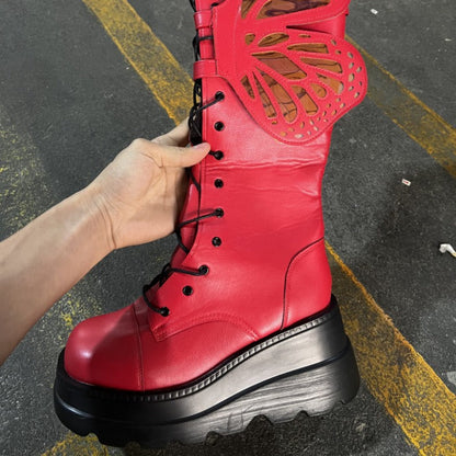Damen Schnürstiefel Plateau Hoch Modisch