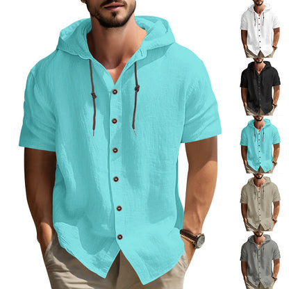 Herren Kapuzenhemd Kurzarm Holzknöpfe Streetwear