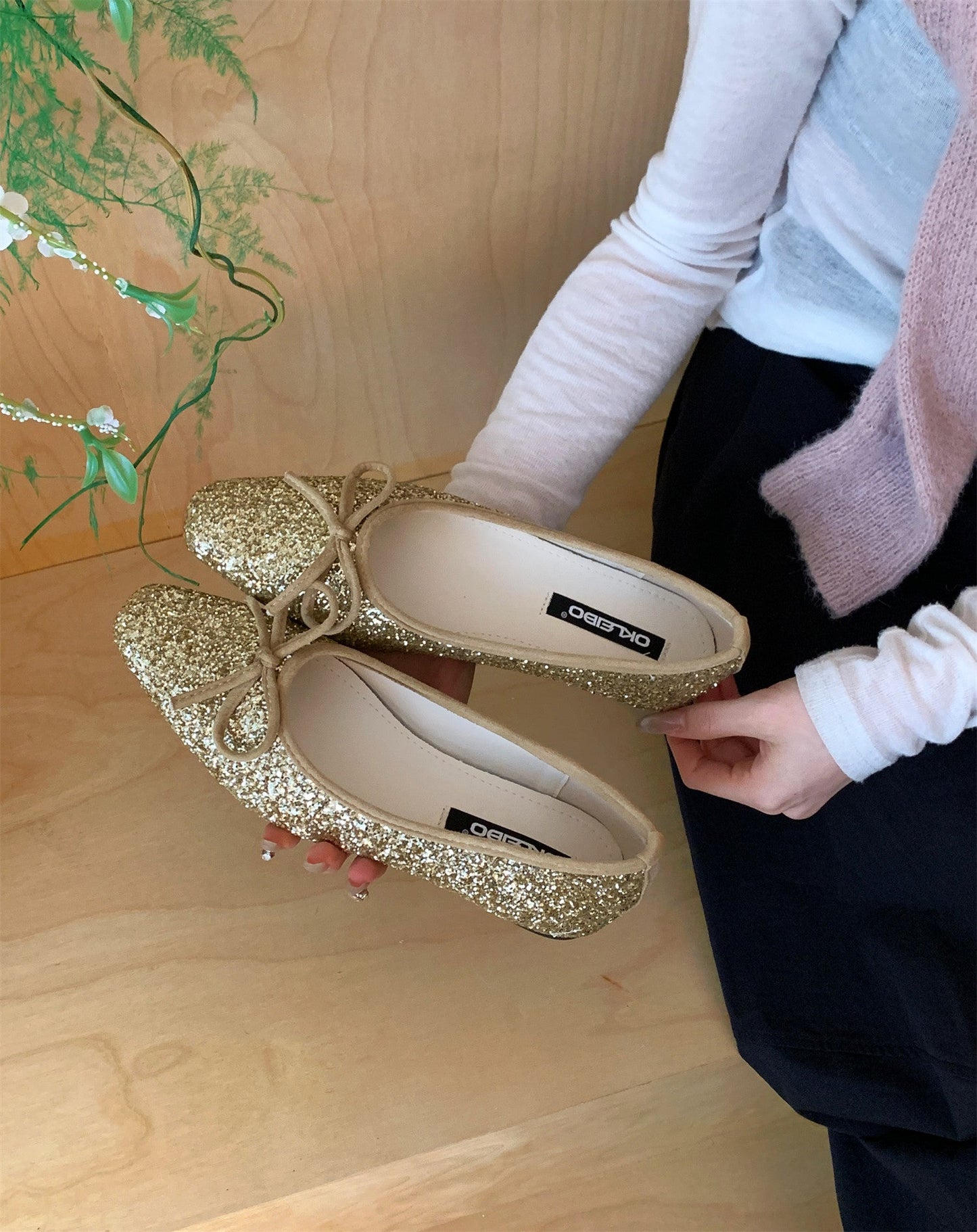 Damen Ballerinas Glitzer Schleife Komfort Innensohle