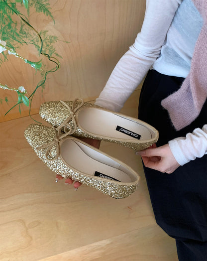 Damen Ballerinas Glitzer Schleife Komfort Innensohle