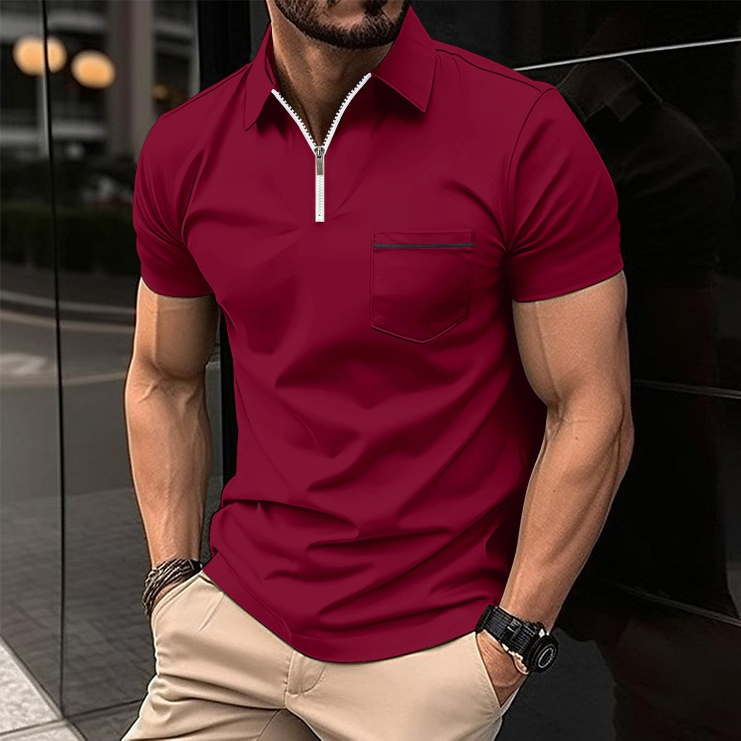Herren Poloshirt Kurzarm mit Reißverschluss und Brusttasche Modern