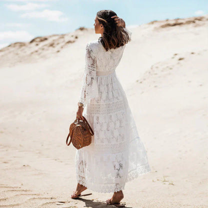 Damen Maxi Kleid Langarm Sommer Boho Stil