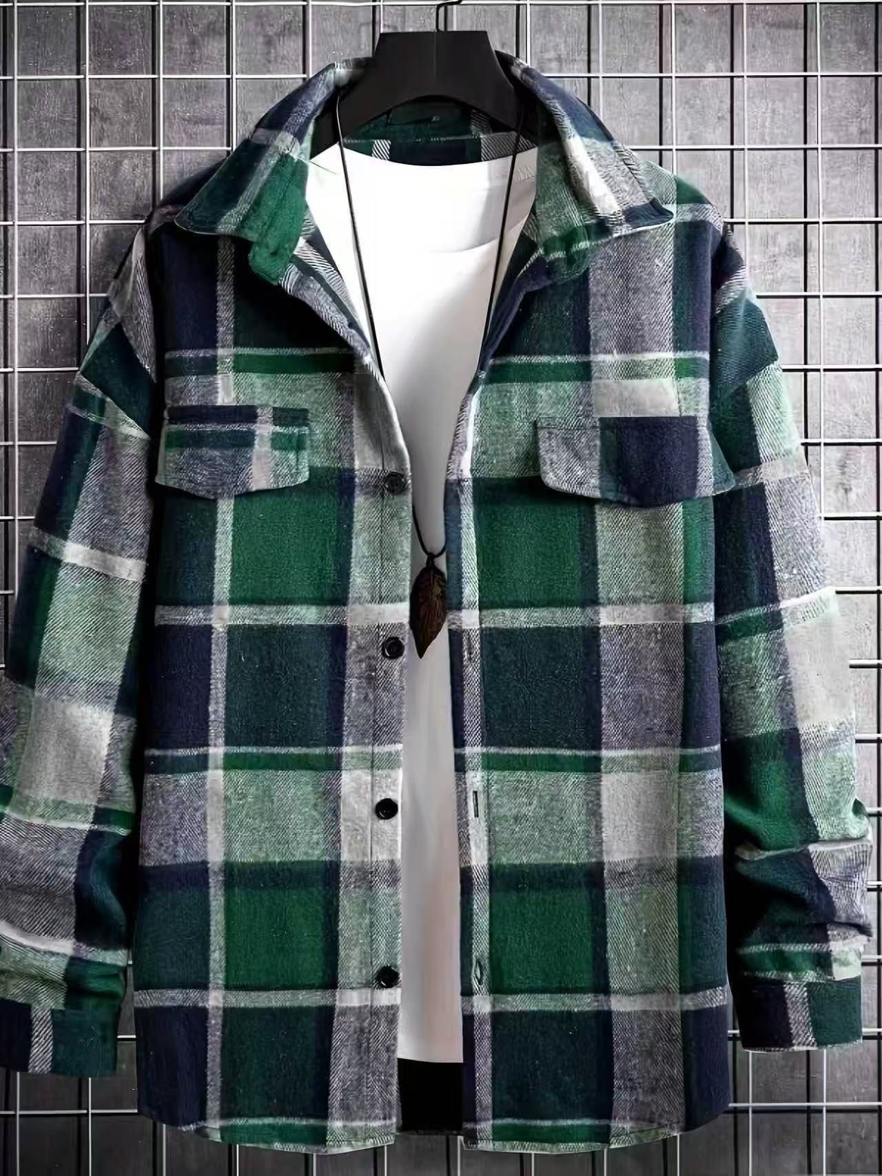 Herren Flanell-Hemdjacke Karo Muster Brusttasche Schick
