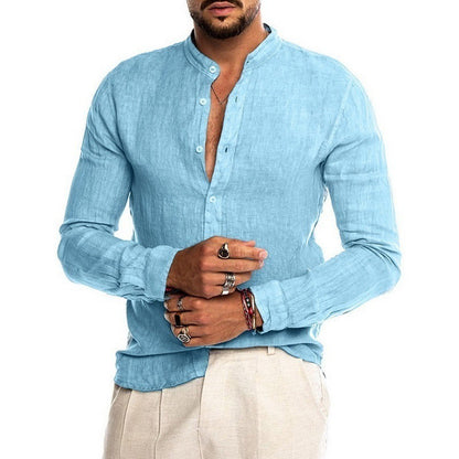 Herren Leinenhemd Langarm Stehkragen Elegant