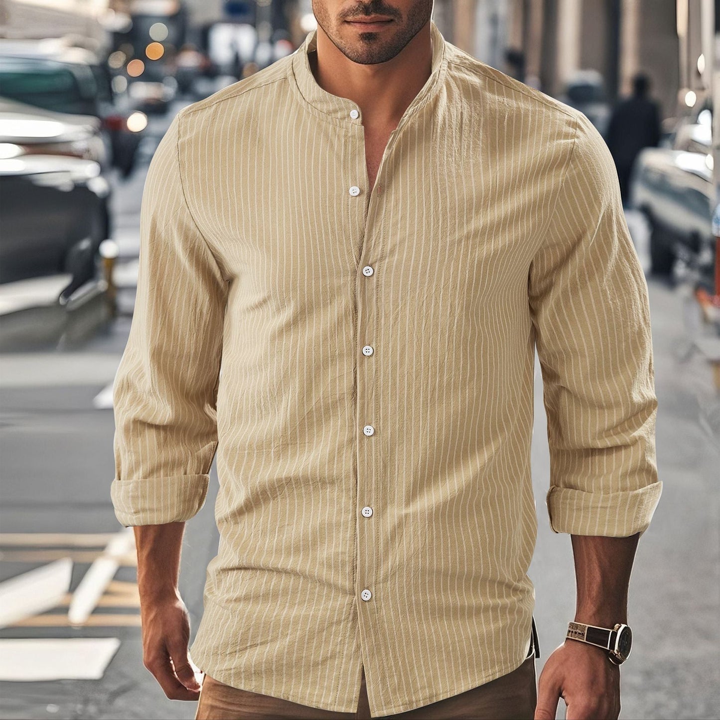 Herren Langarmhemd Stehkragen Fein Gestrickt Elegant