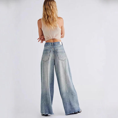 Damen High-Waist Jeans Weite Bein Fransensaum