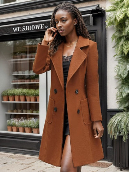 Damen Wollmantel Elegant Lang mit Taschen und Doppelknopf