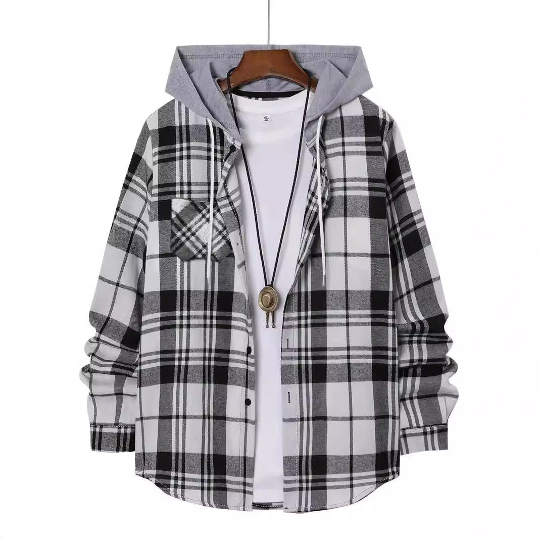 Herren Flanellhemd Karo Kapuze Modern