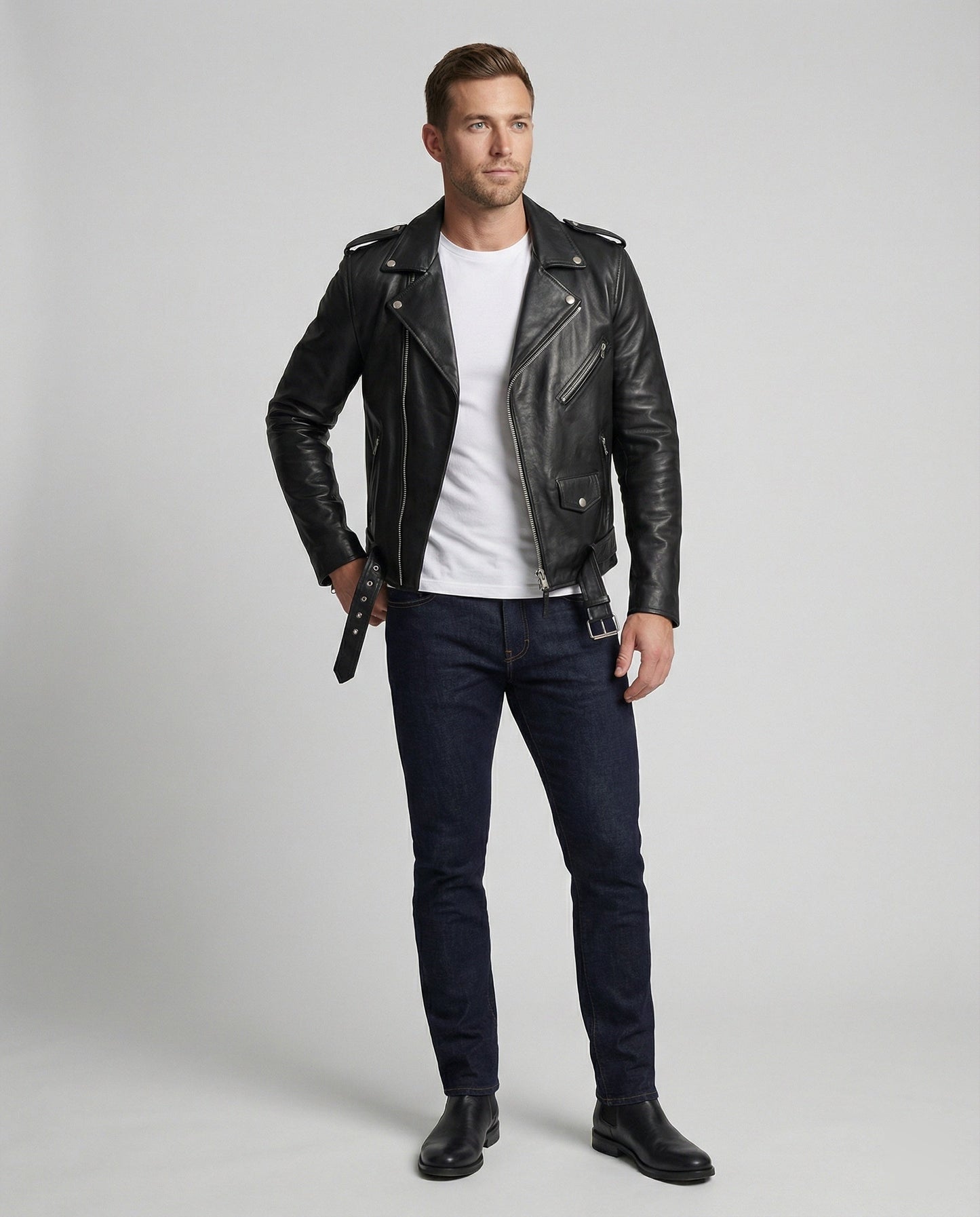 Herren Lederjacke Bikerjacke Asymmetrisch Schwarz
