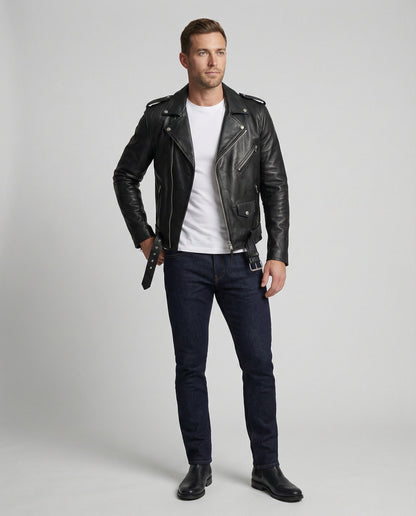 Herren Lederjacke Bikerjacke Asymmetrisch Schwarz