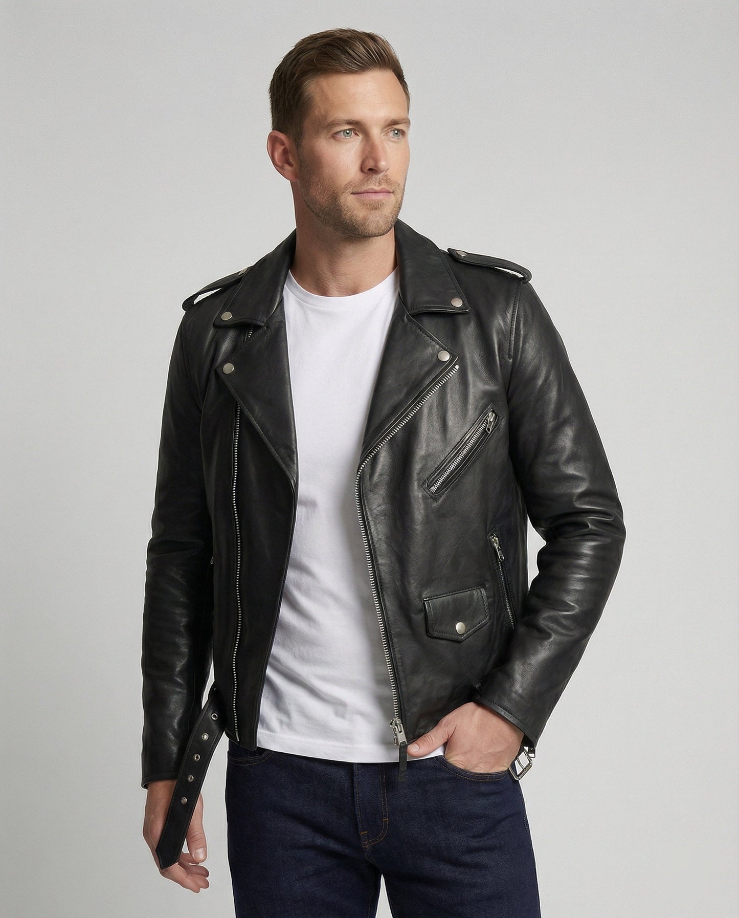 Herren Lederjacke Bikerjacke Asymmetrisch Schwarz - BerlinGlamour