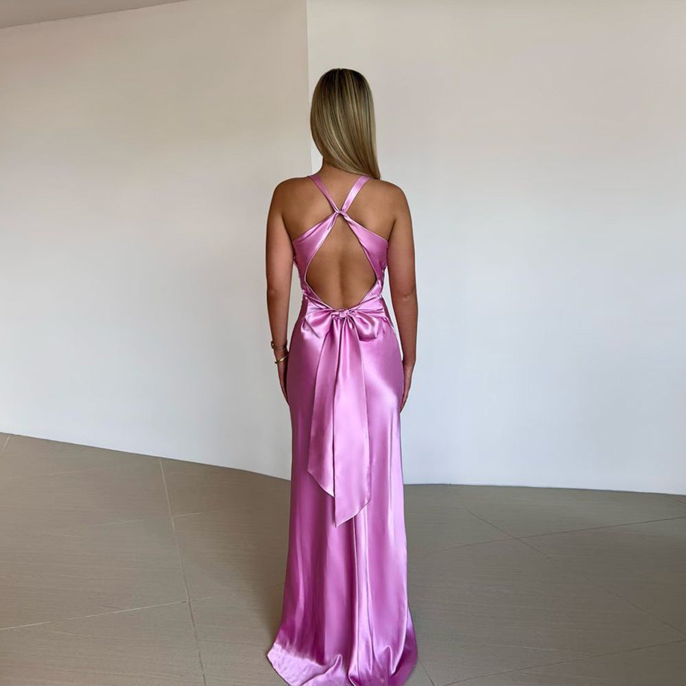 Elegantes Satin Kleid Damen Slim Fit Abendkleid