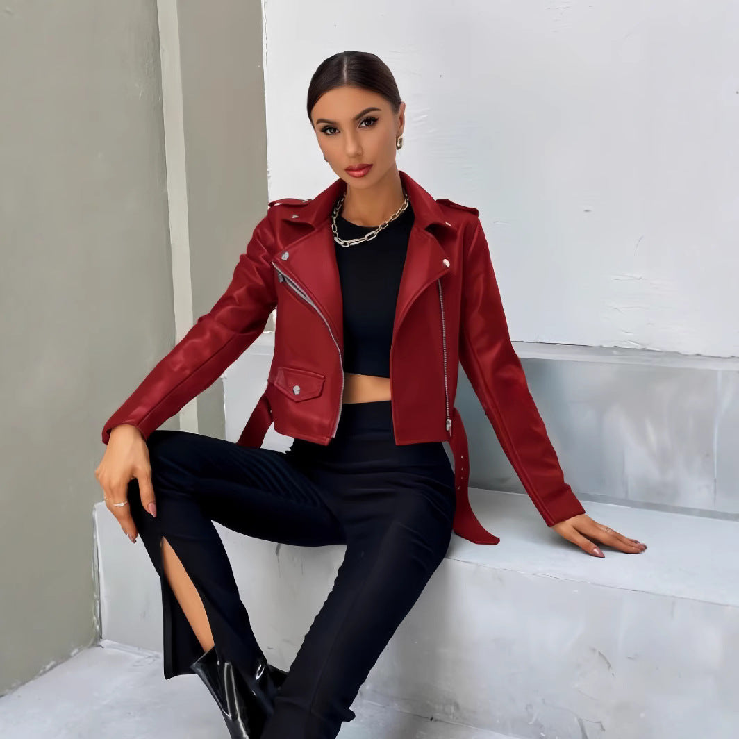 Lederjacke Damen Cropped Bikerstyle Schwarz