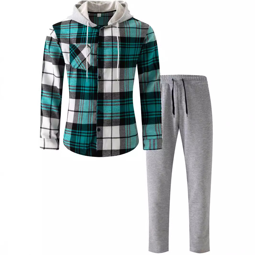 Herren Flanell-Hemd Set mit Jogginghose Kapuze Bequem - BerlinGlamour