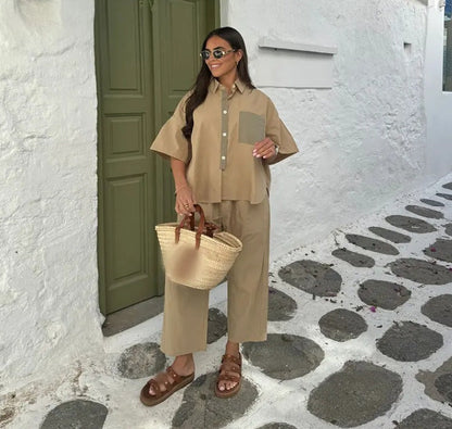 Damen Zweiteiler Lässig Chic mit Hemd und Weiten Hosen