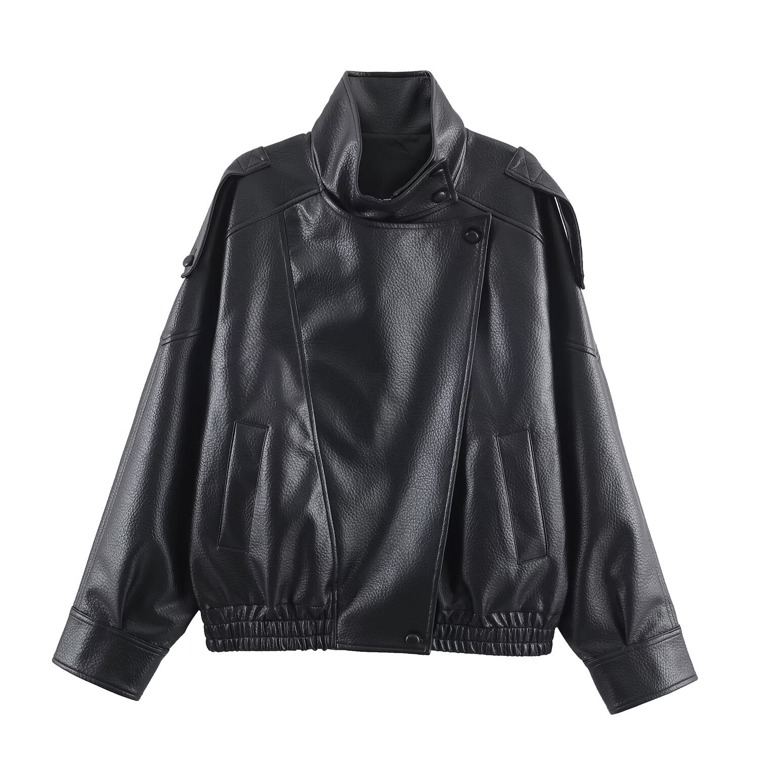 Lederjacke Damen Modern mit Kragen und Taschen Schwarz - BerlinGlamour