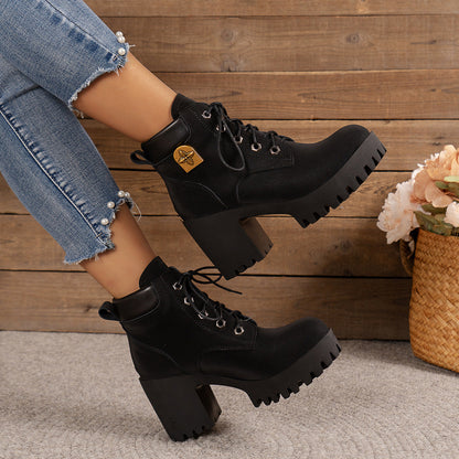 Damen Stiefeletten Schnürung Hoch Hacken Elegante Mode